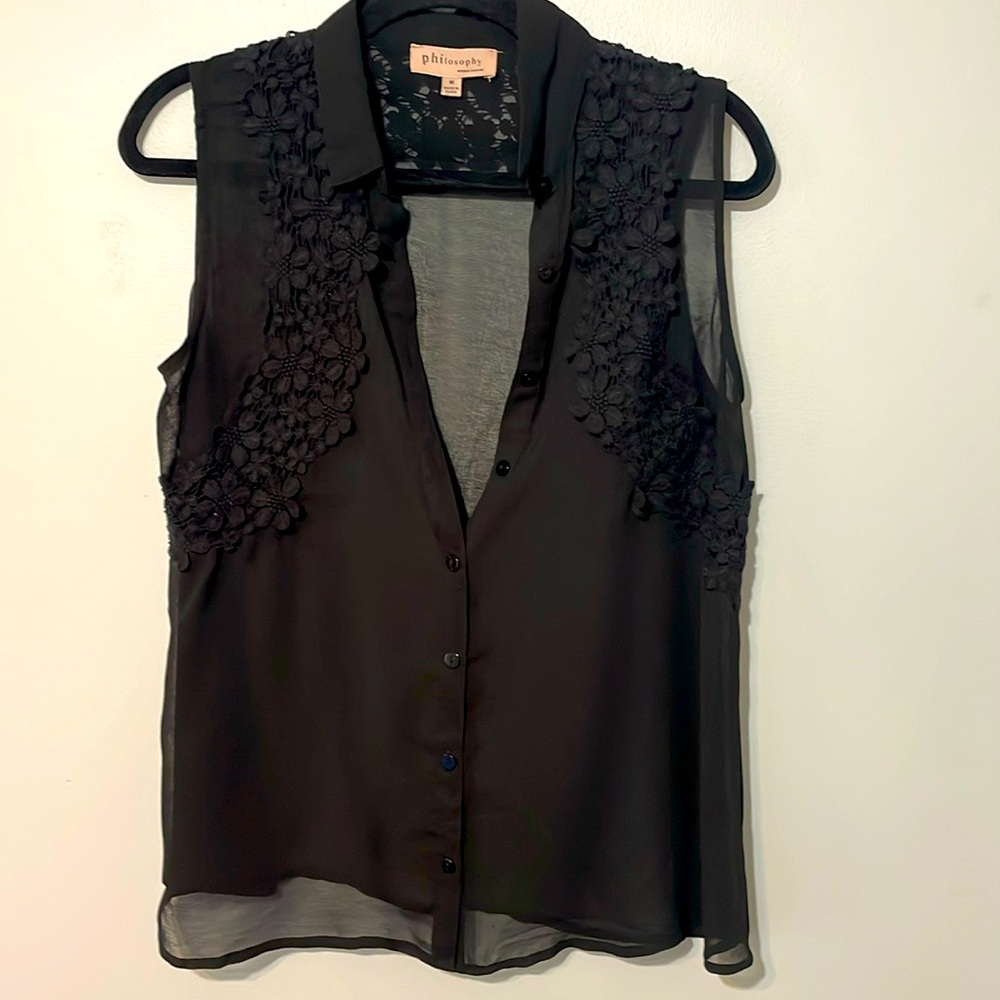 PHILOSOPHY Sheer‎ Embroidered Detail Black Sleeveless button downSize Medium